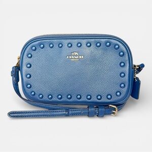 Coach Blue Leather Studded Camera Bag Crossbody Double Zip